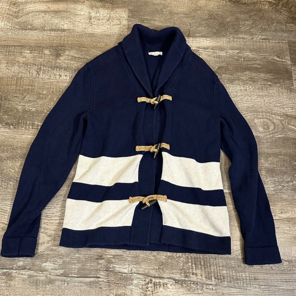 Gap Designed & Crafted Mens Navy Blue Striped Toggle Shawl Cardigan Sweater M